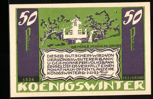 Notgeld Koenigswinter 1921, 50 Pfennig, Die Mühle im Kühlen Grunde