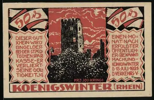Notgeld Koenigswinter /Rhein 1921, 50 Pfennig, O. H. Walpott v. Bassenheim, Burggraf Drachenfels, Burgruine