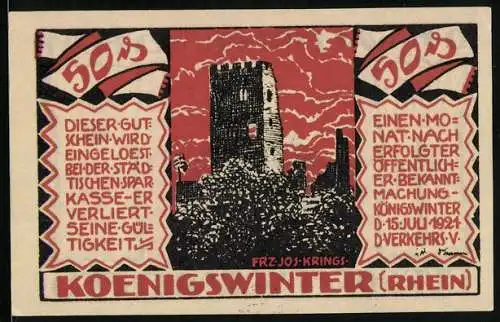 Notgeld Koenigswinter /Rhein 1921, 50 Pfennig, O. H. Walpott v. Bassenheim, Burggraf Drachenfels, die Burgruine