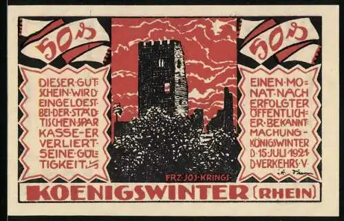 Notgeld Koenigswinter /Rhein 1921, 50 Pfennig, O. H. Walpott v. Bassenheim, Burggraf Drachenfels, die Burgruine