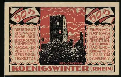 Notgeld Koenigswinter /Rhein 1921, 50 Pfennig, O. H. Walpott v. Bassenheim, Burggraf Drachenfels und die Burgruine