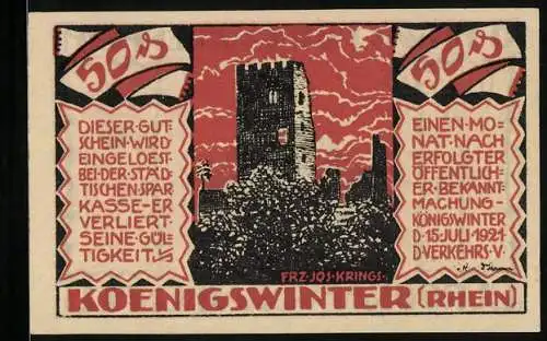 Notgeld Koenigswinter /Rhein 1921, 50 Pfennig, O. H. Walpott v. Bassenheim, Burggraf Drachenfels und die Burgruine