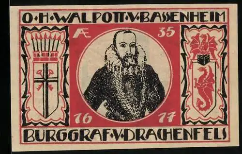 Notgeld Koenigswinter /Rhein 1921, 50 Pfennig, Burgruine, O. H. Walpott v. Bassenheim, Burggraf Drachenfels