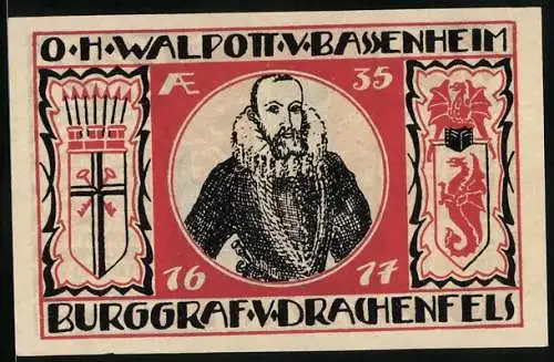Notgeld Koenigswinter /Rhein 1921, 50 Pfennig, Burgruine, O. H. Walpott v. Bassenheim, Burggraf Drachenfels