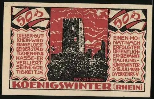 Notgeld Koenigswinter /Rhein 1921, 50 Pfennig, Burgruine, O. H. Walpott v. Bassenheim, Burggraf Drachenfels