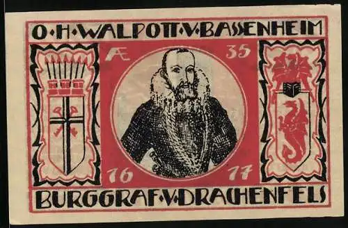 Notgeld Koenigswinter /Rhein 1921, 50 Pfennig, Die Burgruine, O. H. Walpott v. Bassenheim, Burggraf Drachenfels