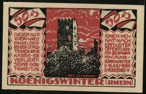 Notgeld Koenigswinter /Rhein 1921, 50 Pfennig, Die Burgruine, O. H. Walpott v. Bassenheim, Burggraf Drachenfels