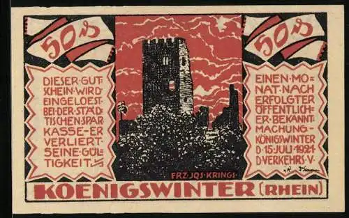 Notgeld Koenigswinter /Rhein 1921, 50 Pfennig, Die Burgruine, O. H. Walpott v. Bassenheim, Burggraf Drachenfels