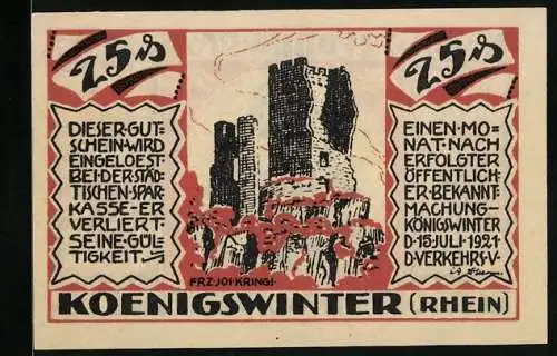 Notgeld Koenigswinter /Rhein 1921, 25 Pfennig, Burgruine, Kath. Walpottin v. Bassenheim, Burggräfin von Drachenfels