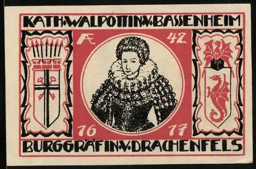 Notgeld Koenigswinter /Rhein 1921, 25 Pfennig, Burgruine, Kath. Walpottin v. Bassenheim, Burggräfin von Drachenfels