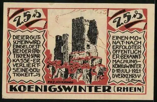 Notgeld Koenigswinter /Rhein 1921, 25 Pfennig, Burgruine, Kath. Walpottin v. Bassenheim, Burggräfin von Drachenfels
