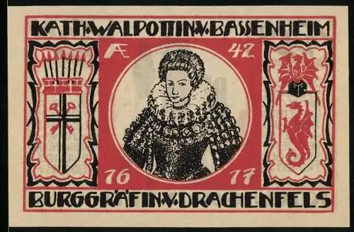 Notgeld Koenigswinter /Rhein 1921, 25 Pfennig, Die Burgruine, Kath. Walpottin v. Bassenheim, Burggräfin von Drachenfels