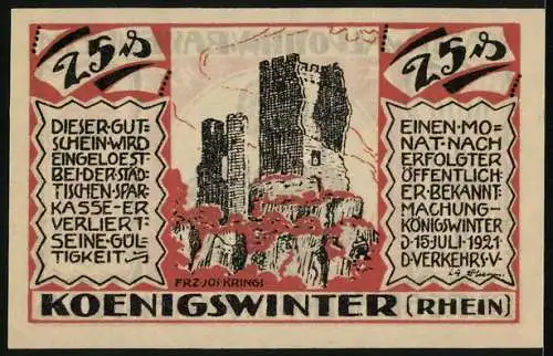 Notgeld Koenigswinter /Rhein 1921, 25 Pfennig, Die Burgruine, Kath. Walpottin v. Bassenheim, Burggräfin von Drachenfels