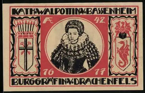 Notgeld Königswinter /Rhein 1921, 25 Pfennig, Die Burgruine, Kath. Walpottin v. Bassenheim, Burggräfin von Drachenfels