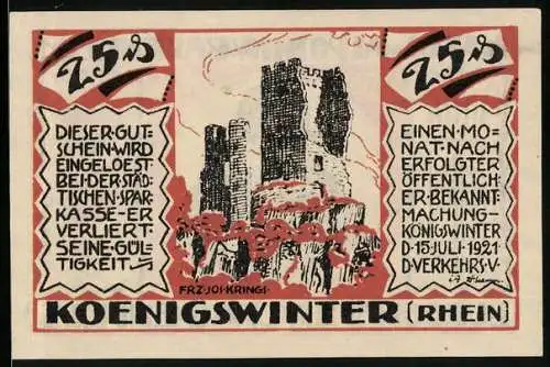 Notgeld Königswinter /Rhein 1921, 25 Pfennig, Burgruine und Kath. Walpottin v. Bassenheim, Burggräfin von Drachenfels