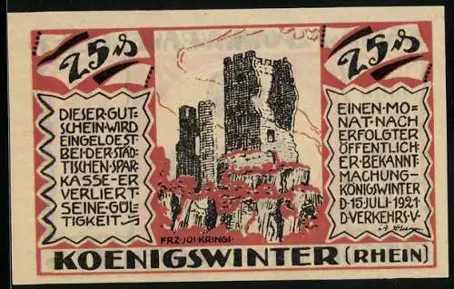 Notgeld Koenigswinter /Rhein 1921, 25 Pfennig, Burgruine und Kath. Walpottin v. Bassenheim, Burggräfin von Drachenfels