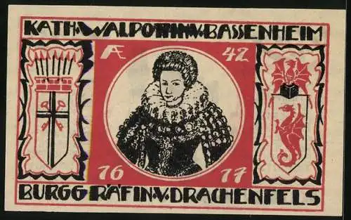 Notgeld Koenigswinter /Rhein 1921, 25 Pfennig, Burgruine und Kath. Walpottin v. Bassenheim, Burggräfin von Drachenfels