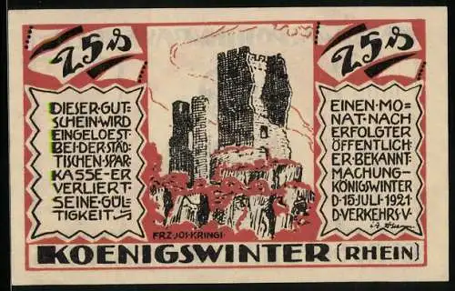 Notgeld Koenigswinter /Rhein 1921, 25 Pfennig, Kath. Walpottin v. Bassenheim, Burggräfin von Drachenfels und die Ruine