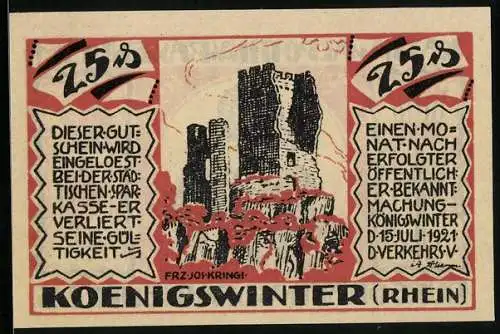 Notgeld Koenigswinter /Rhein 1921, 25 Pfennig, Kath. Walpottin v. Bassenheim, Burggräfin von Drachenfels und die Ruine