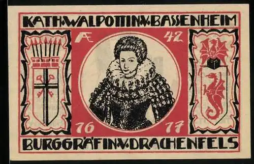 Notgeld Koenigswinter /Rhein 1921, 25 Pfennig, Kath. Walpottin v. Bassenheim, Burggräfin von Drachenfels, die Burgruine