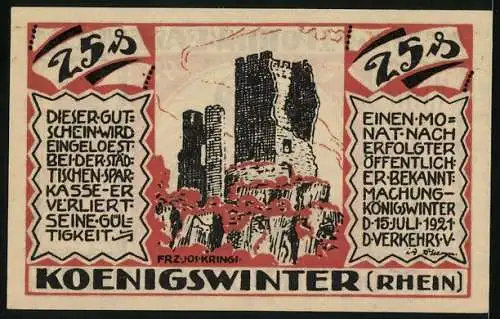 Notgeld Koenigswinter /Rhein 1921, 25 Pfennig, Kath. Walpottin v. Bassenheim, Burggräfin von Drachenfels, die Burgruine