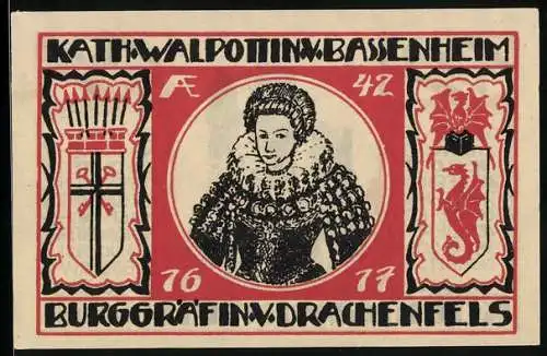 Notgeld Koenigswinter /Rhein 1921, 25 Pfennig, Kath. Walpottin v. Bassenheim, Burggräfin von Drachenfels, die Burgruine