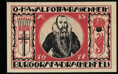 Notgeld Koenigswinter /Rhein 1921, 50 Pfennig, Die Ruine, O. H. Walpott v. Bassenheim, Burggraf von Drachenfels