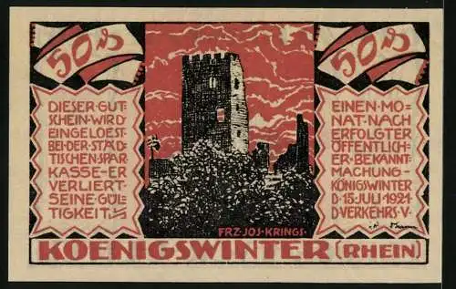 Notgeld Koenigswinter /Rhein 1921, 50 Pfennig, Die Ruine, O. H. Walpott v. Bassenheim, Burggraf von Drachenfels