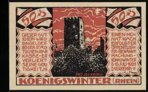 Notgeld Koenigswinter /Rhein 1921, 50 Pfennig, Die Ruine, O. H. Walpott v. Bassenheim, Burggraf von Drachenfels
