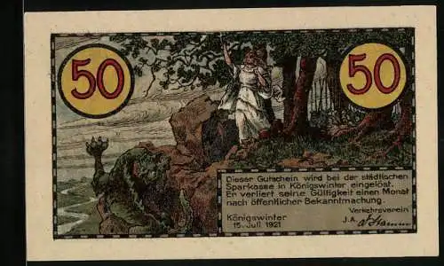 Notgeld Koenigswinter /Rhein 1921, 50 Pfennig, Allegorische Frauenfigur schlägt den Drachen