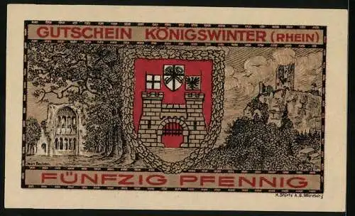 Notgeld Koenigswinter /Rhein 1921, 50 Pfennig, Allegorische Frauenfigur schlägt den Drachen