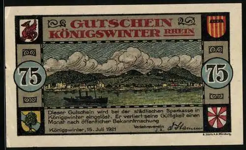 Notgeld Koenigswinter /Rhein 1921, 75 Pfennig, Flusspanorama mit Blick auf die Stadt