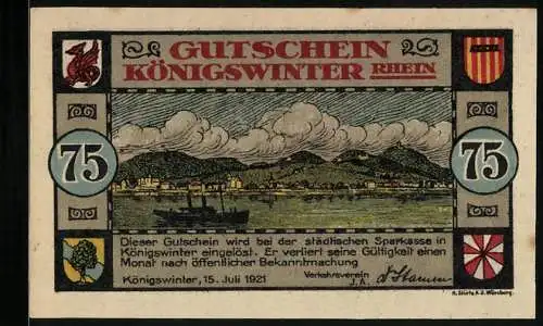 Notgeld Koenigswinter /Rhein 1921, 75 Pfennig, Flussdampfer vor der Stadt