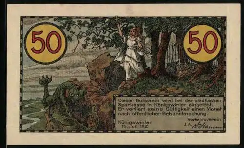Notgeld Koenigswinter /Rhein 1921, 50 Pfennig, Eine Frau vertreibt den Drachen