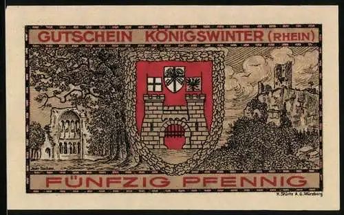 Notgeld Koenigswinter /Rhein 1921, 50 Pfennig, Eine Frau vertreibt den Drachen mit einem Kreuz