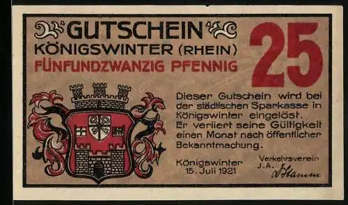 Notgeld Koenigswinter /Rhein 1921, 25 Pfennig, Ein Mann bekämpft den Drachen