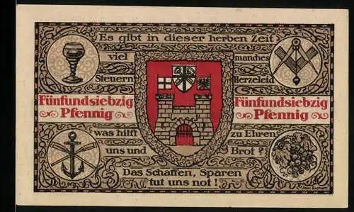 Notgeld Koenigswinter /Rhein 1921, 75 Pfennig, Die Stadt am Fluss