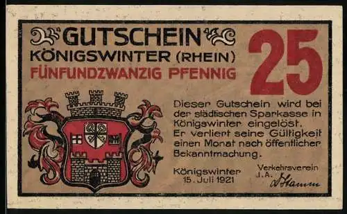 Notgeld Koenigswinter /Rhein 1921, 25 Pfennig, Mann ersticht den Drachen