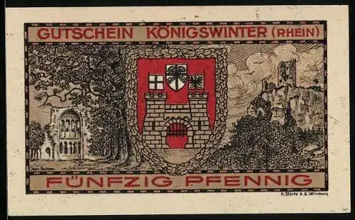 Notgeld Koenigswinter /Rhein 1921, 50 Pfennig, Frau vertreibt den Drachen mit ihrem Kreuz
