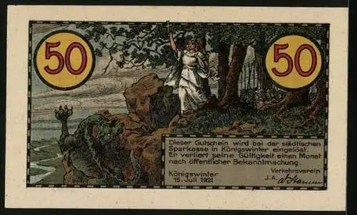 Notgeld Koenigswinter /Rhein 1921, 50 Pfennig, Frau vertreibt den Drachen mit ihrem Kreuz