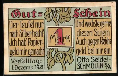 Notgeld Schmölln /S.-A., 1 Mark, Der Teufel mit der Markmünze
