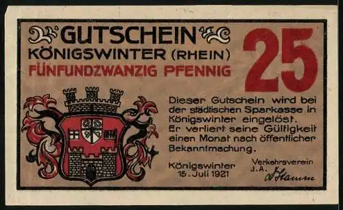 Notgeld Koenigswinter /Rhein 1921, 25 Pfennig, Mann und Drache kämpfen vor der Ruine