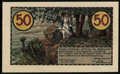 Notgeld Koenigswinter /Rhein 1921, 50 Pfennig, Allegorische Frauenfigur besiegt den Drachen