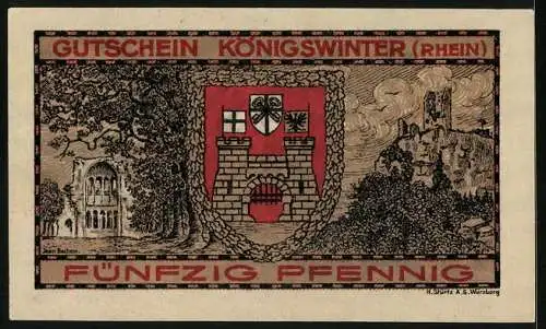 Notgeld Koenigswinter /Rhein 1921, 50 Pfennig, Allegorische Frauenfigur besiegt den Drachen