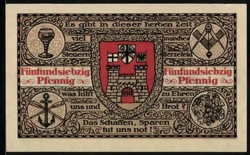 Notgeld Koenigswinter /Rhein 1921, 75 Pfennig, Dampfer mit Blick zur Stadt