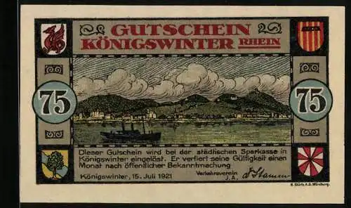 Notgeld Koenigswinter /Rhein 1921, 75 Pfennig, Der Flussdampfer und die Stadt