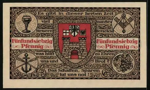 Notgeld Koenigswinter /Rhein 1921, 75 Pfennig, Der Flussdampfer und die Stadt