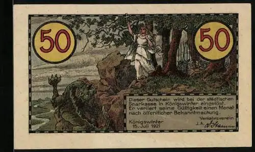 Notgeld Koenigswinter /Rhein 1921, 50 Pfennig, Allegorische Frauenfigur vertreibt den Drachen