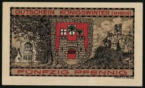 Notgeld Koenigswinter /Rhein 1921, 50 Pfennig, Allegorische Frauenfigur vertreibt den Drachen