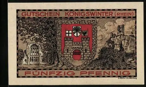 Notgeld Koenigswinter /Rhein 1921, 50 Pfennig, Das Kreuz schlägt den Drachen